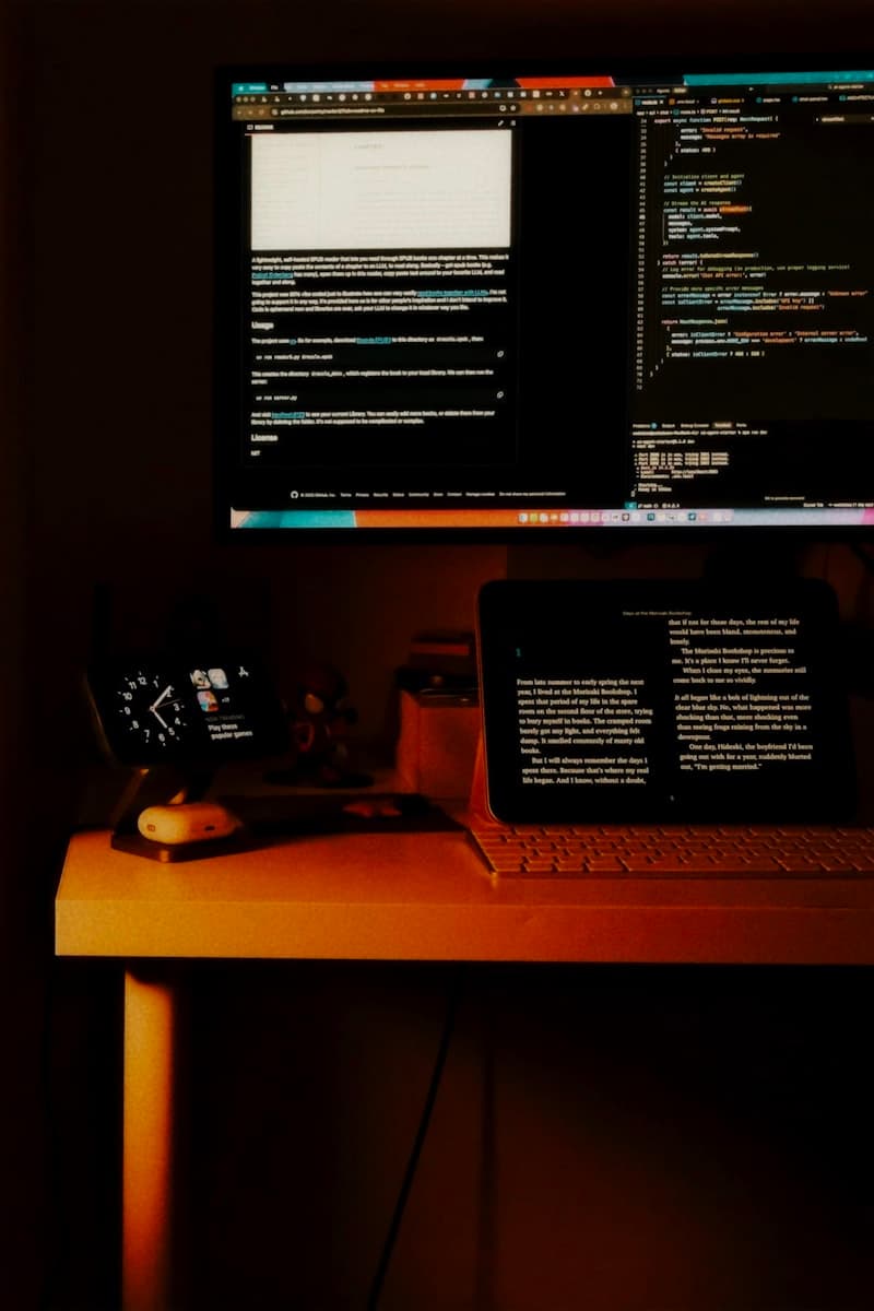 Kod editörü açık bir monitörün bulunduğu sıcak ışıklı bir masa (geçici görsel)