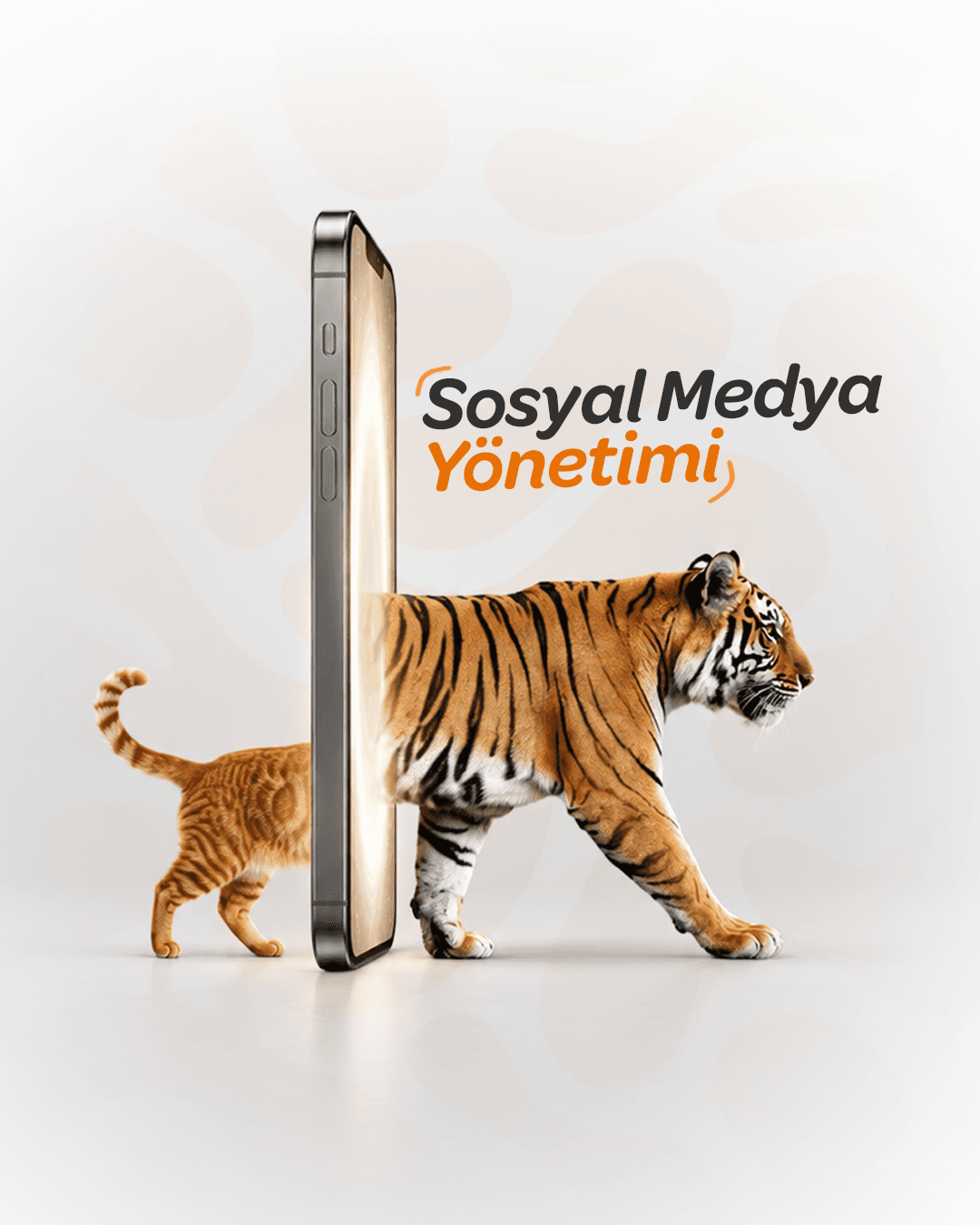 Telefon ekranından çıkan kaplan illüstrasyonuyla Sosyal Medya Yönetimi hizmetini anlatan görsel