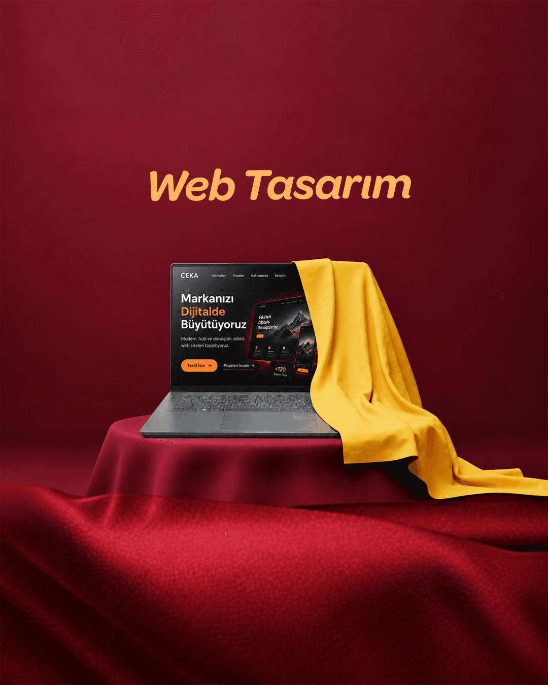 Kırmızı zeminde sarı örtüyle açılan laptop mockup'ıyla Web Tasarım hizmetini anlatan görsel